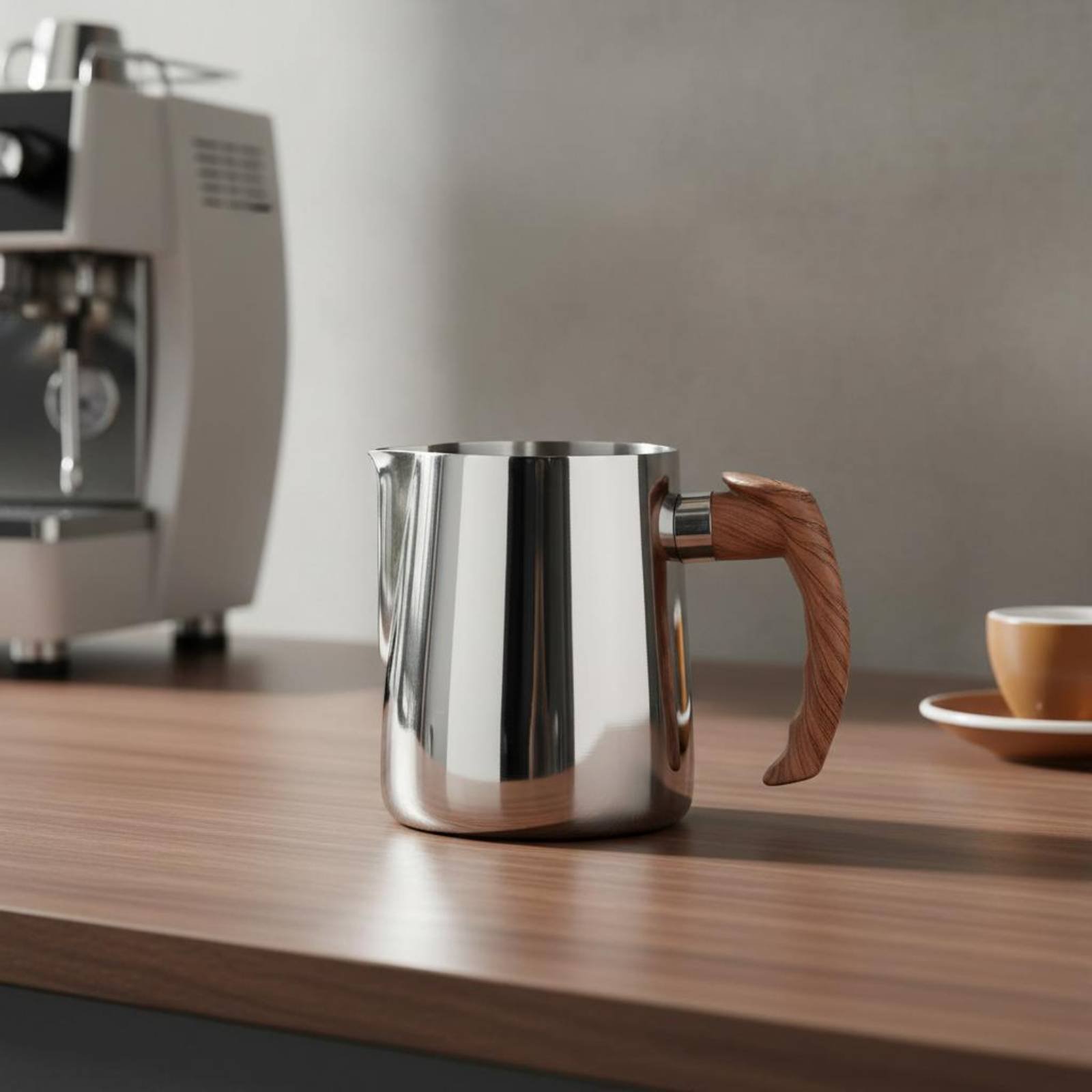 Milk Steaming Pitcher - 나무 손잡이가 있는 라떼 아트 주전자,