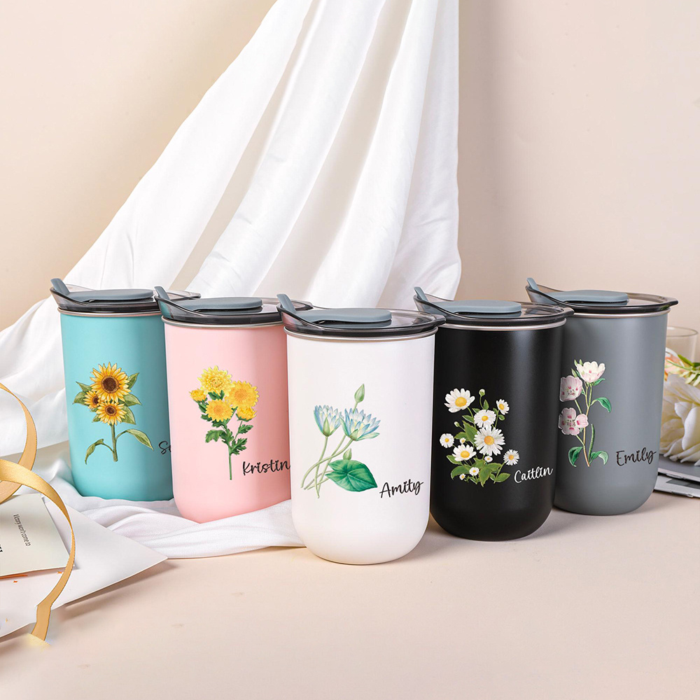 맞춤형 이름 스테인리스 스틸 컵, 탄생월 꽃무늬 수채화 - Coffee Equipment Names 리뷰 및 가격