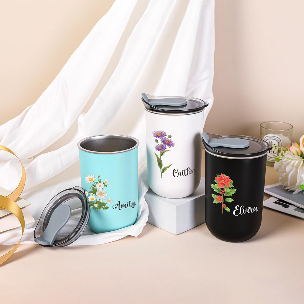 맞춤형 이름 스테인리스 스틸 컵, 탄생월 꽃무늬 수채화 - Coffee Equipment Names 리뷰 및 가격